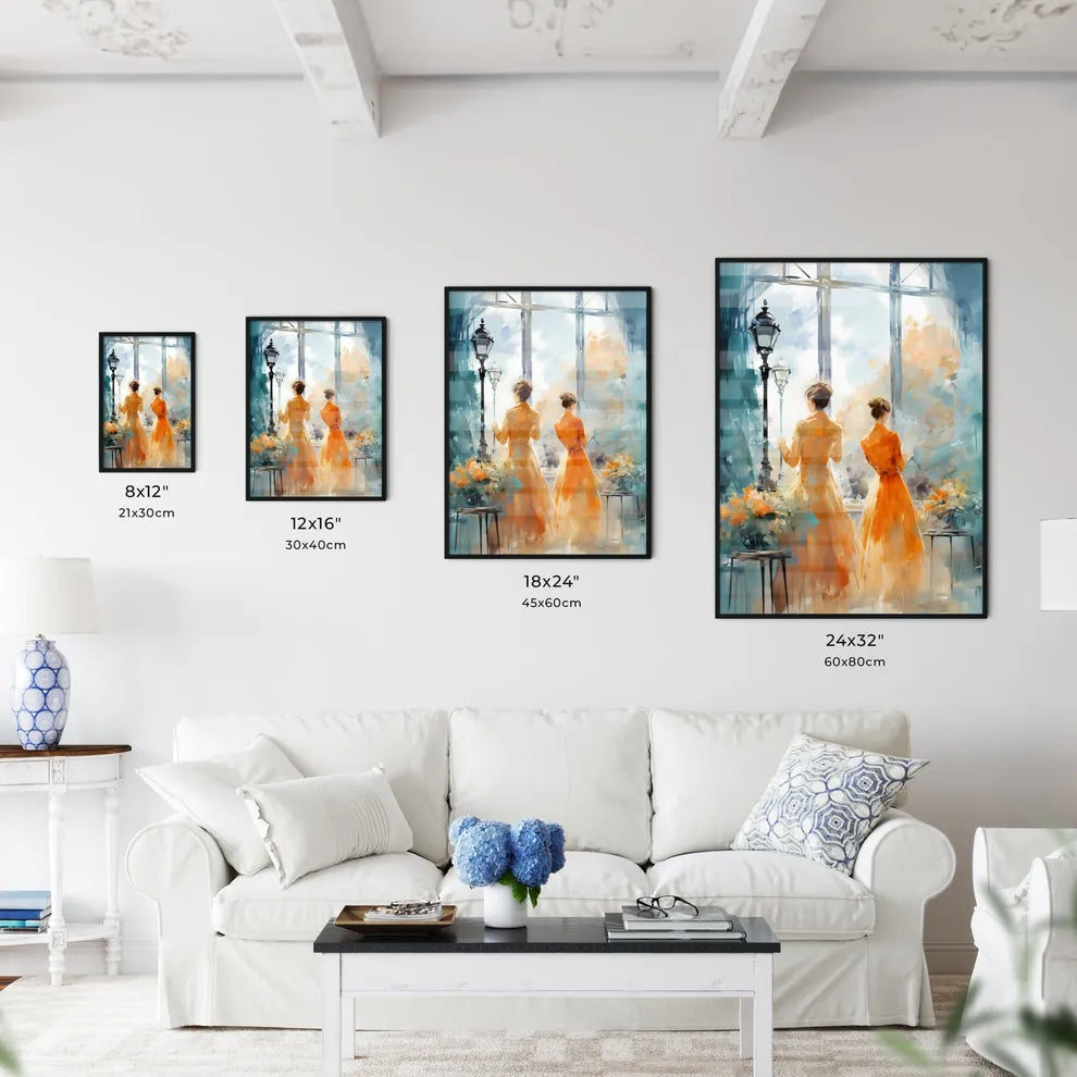Two Women In Orange Dresses Looking Out A Wi Wall Art