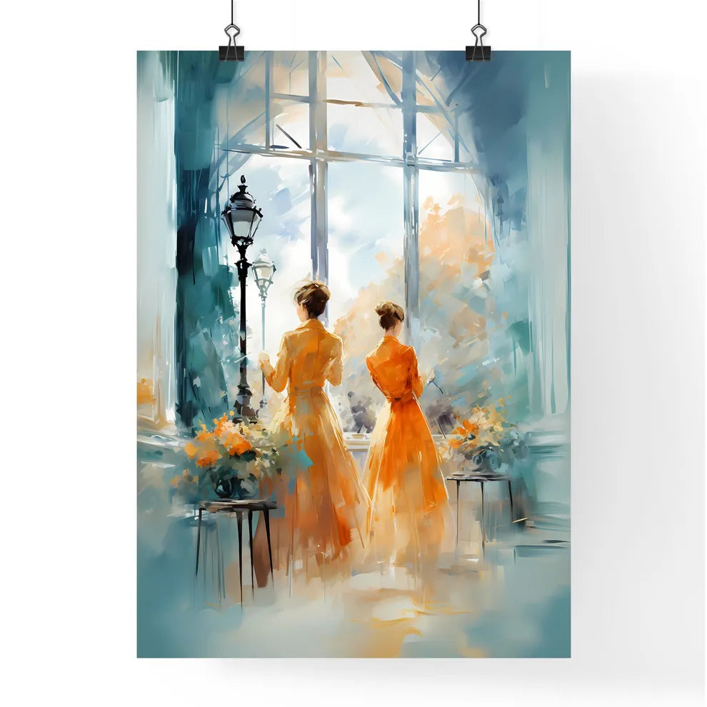 Two Women In Orange Dresses Looking Out A Wi Poster