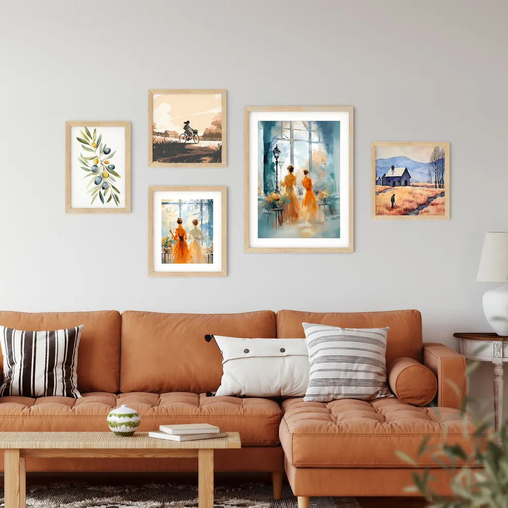 Two Women In Orange Dresses Looking Out A Wi Framed Print