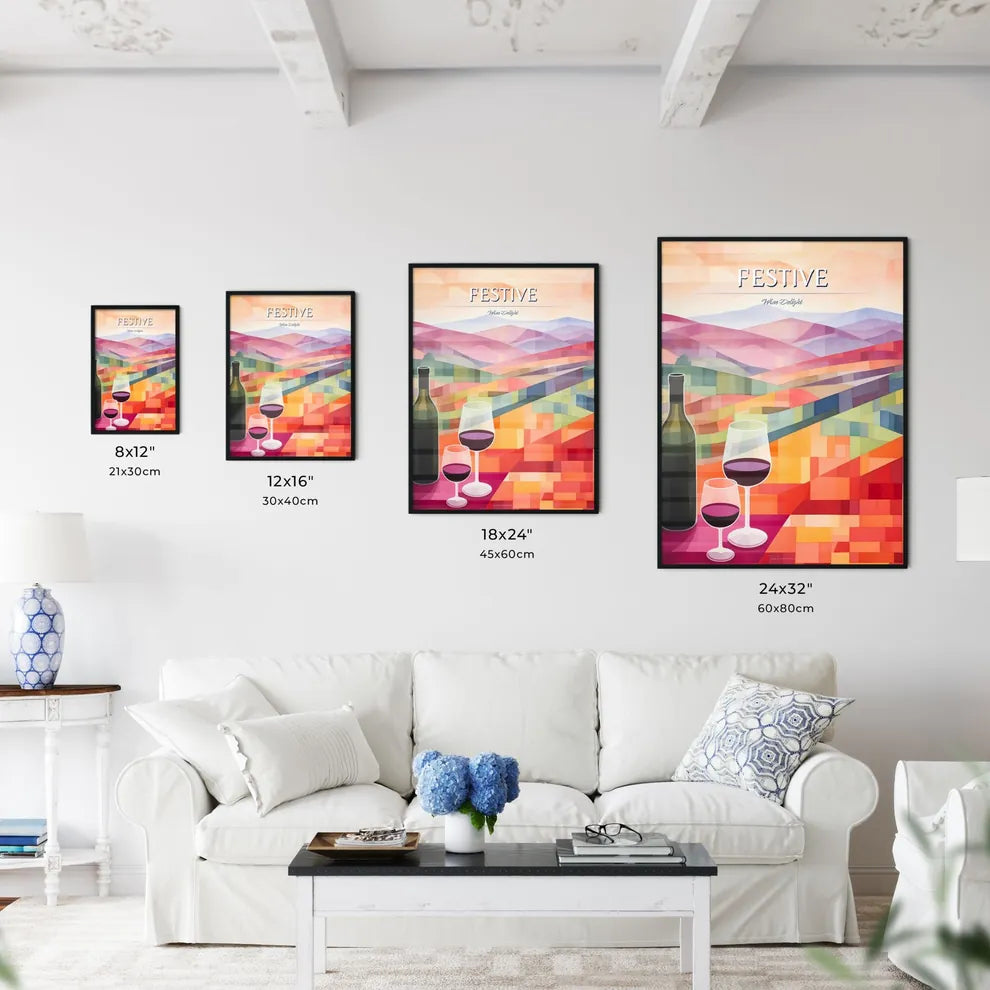 Wine Bottle And Glasses With A Landscape Beh - Kitchen Hangings