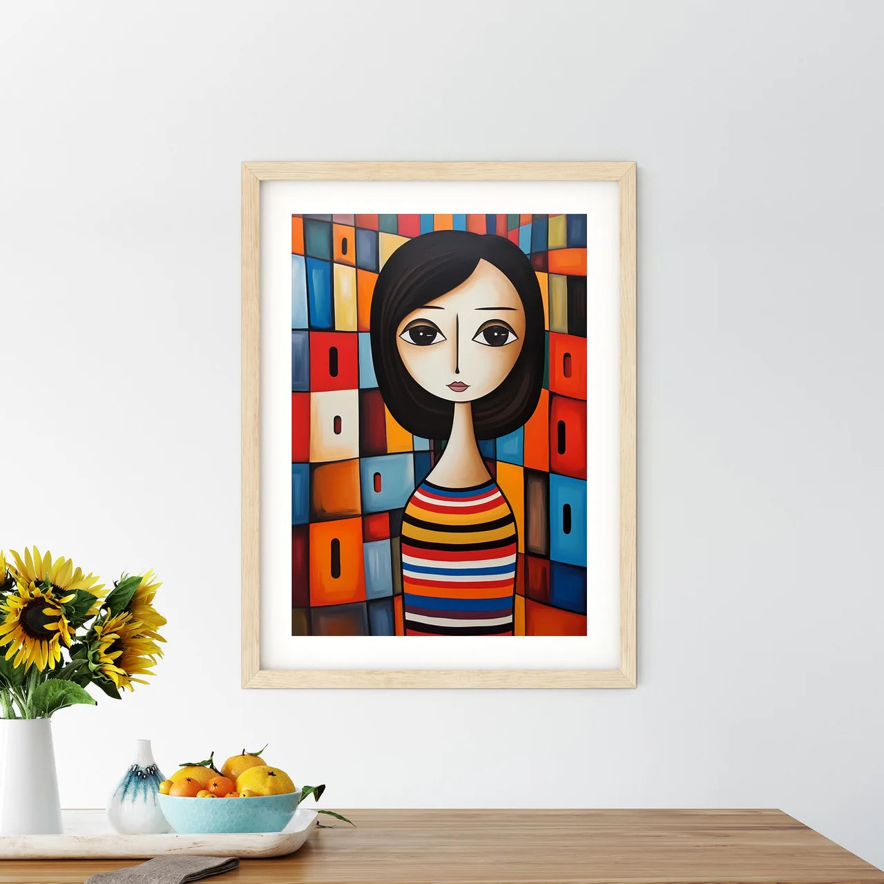 A Painting Of A Woman In A Striped Shirt Art - Kitchen Hangings