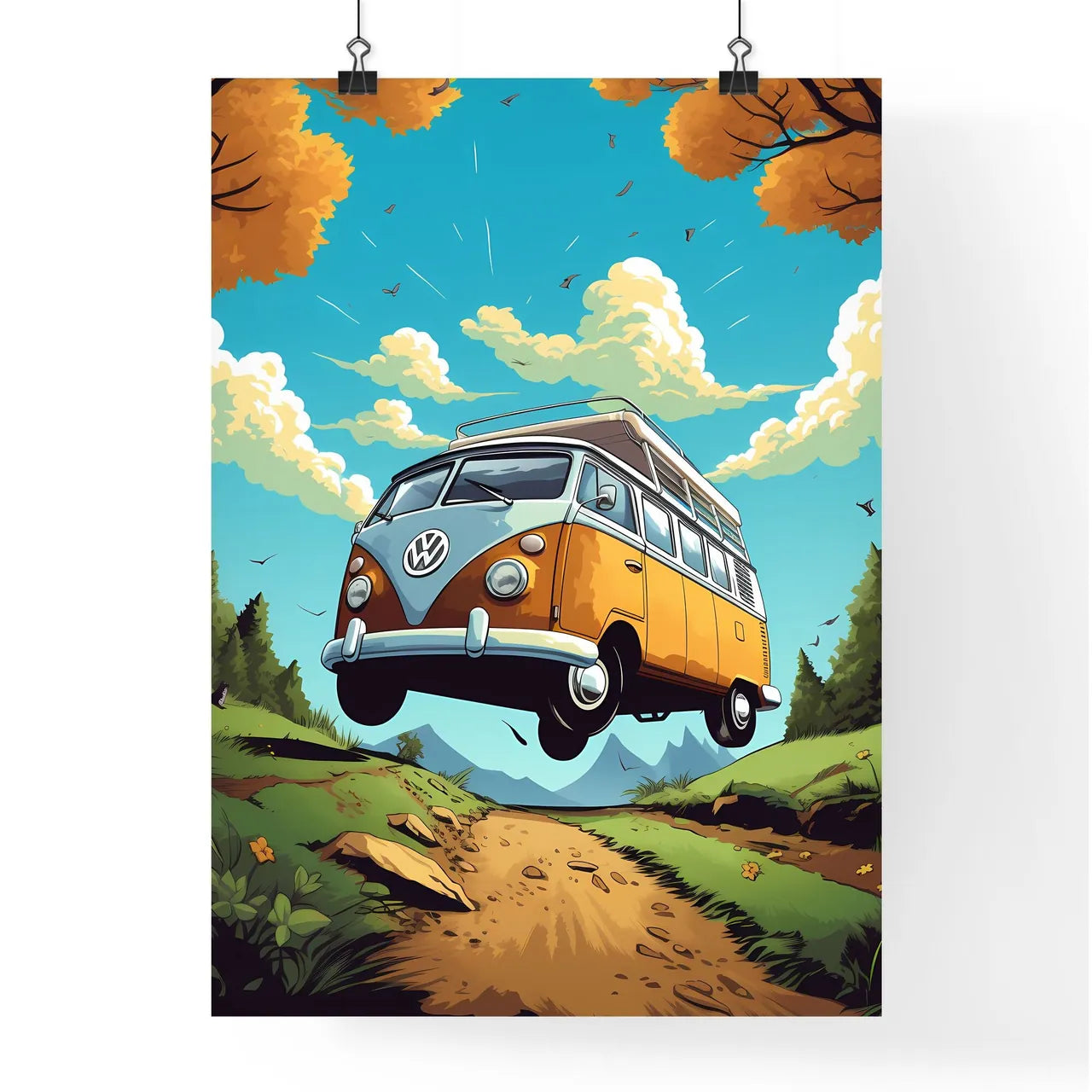 A Cartoon Van Flying Over A Dirt Road Art Pr Poster