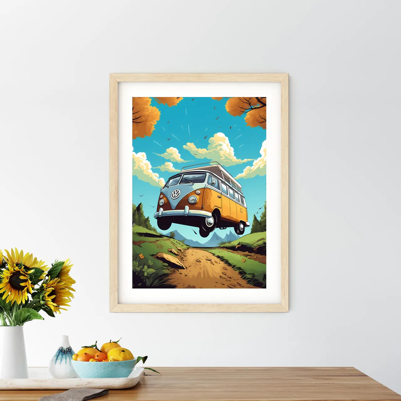 A Cartoon Van Flying Over A Dirt Road Art Pr - Kitchen Hangings
