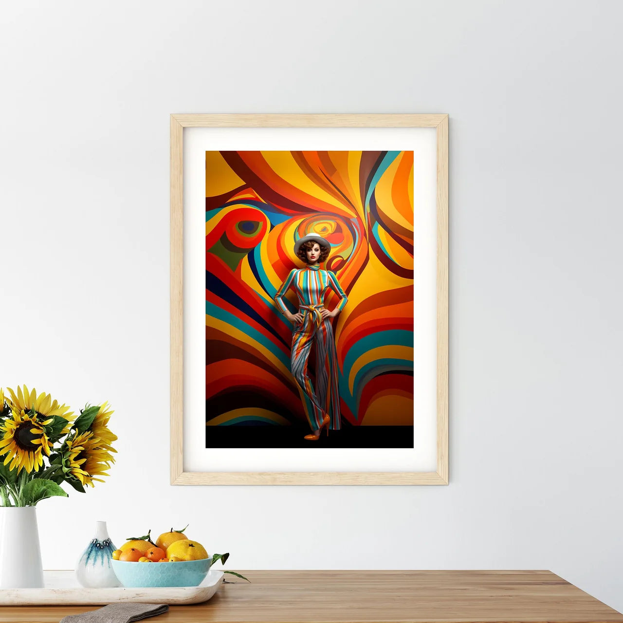 A Woman In A Striped Jumpsuit And Hat Posing - Kitchen Hangings