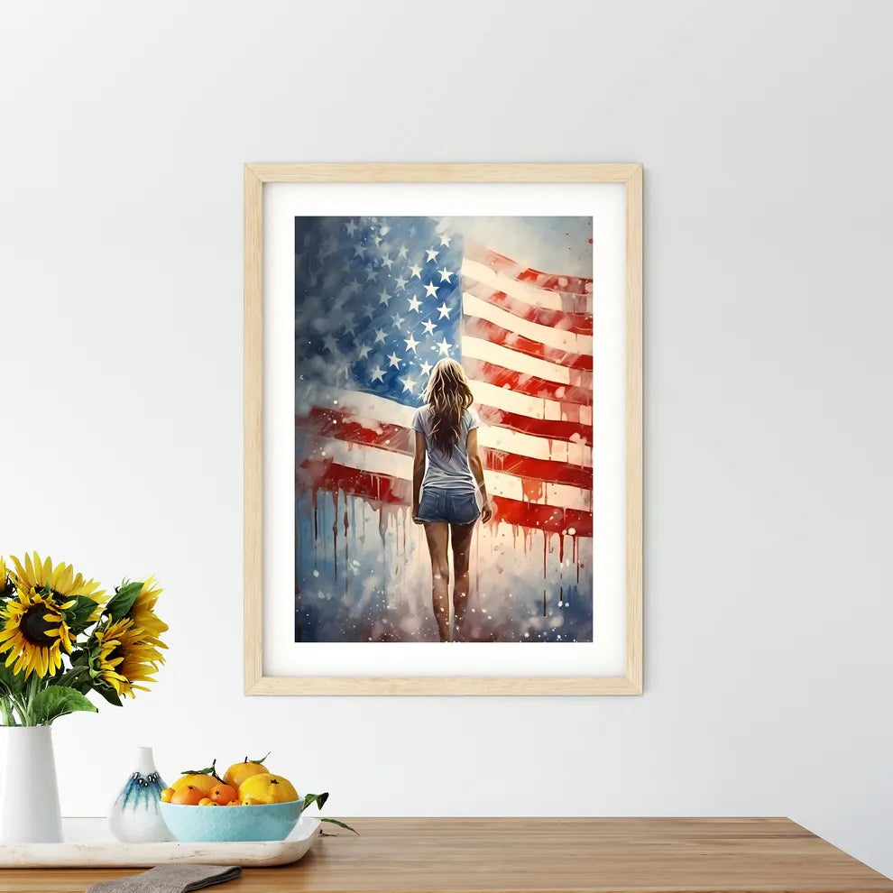 A Woman Walking In Front Of A Flag Art Prin - Kitchen Hangings