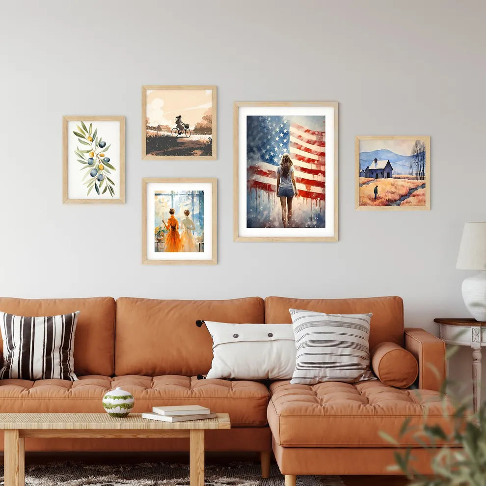 A Woman Walking In Front Of A Flag Art Prin Framed Print