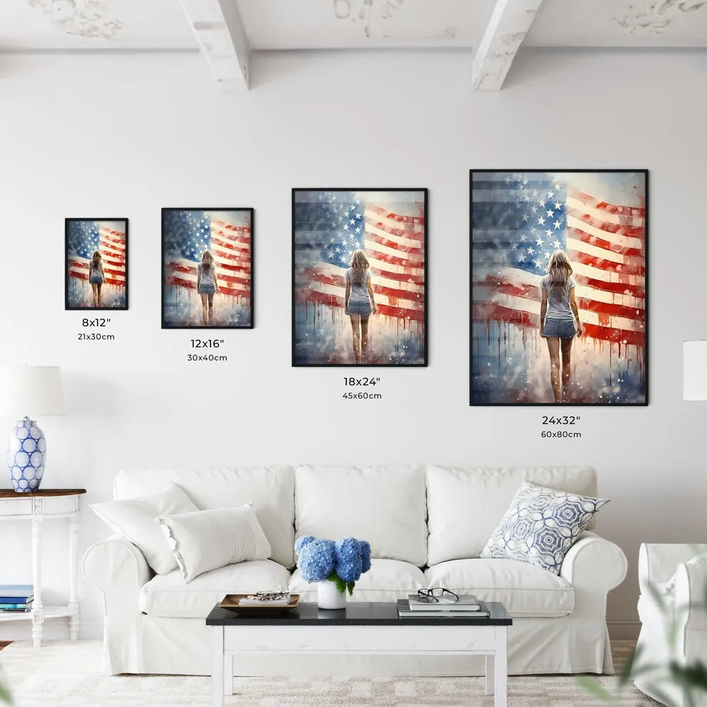 A Woman Walking In Front Of A Flag Art Prin Wall Art