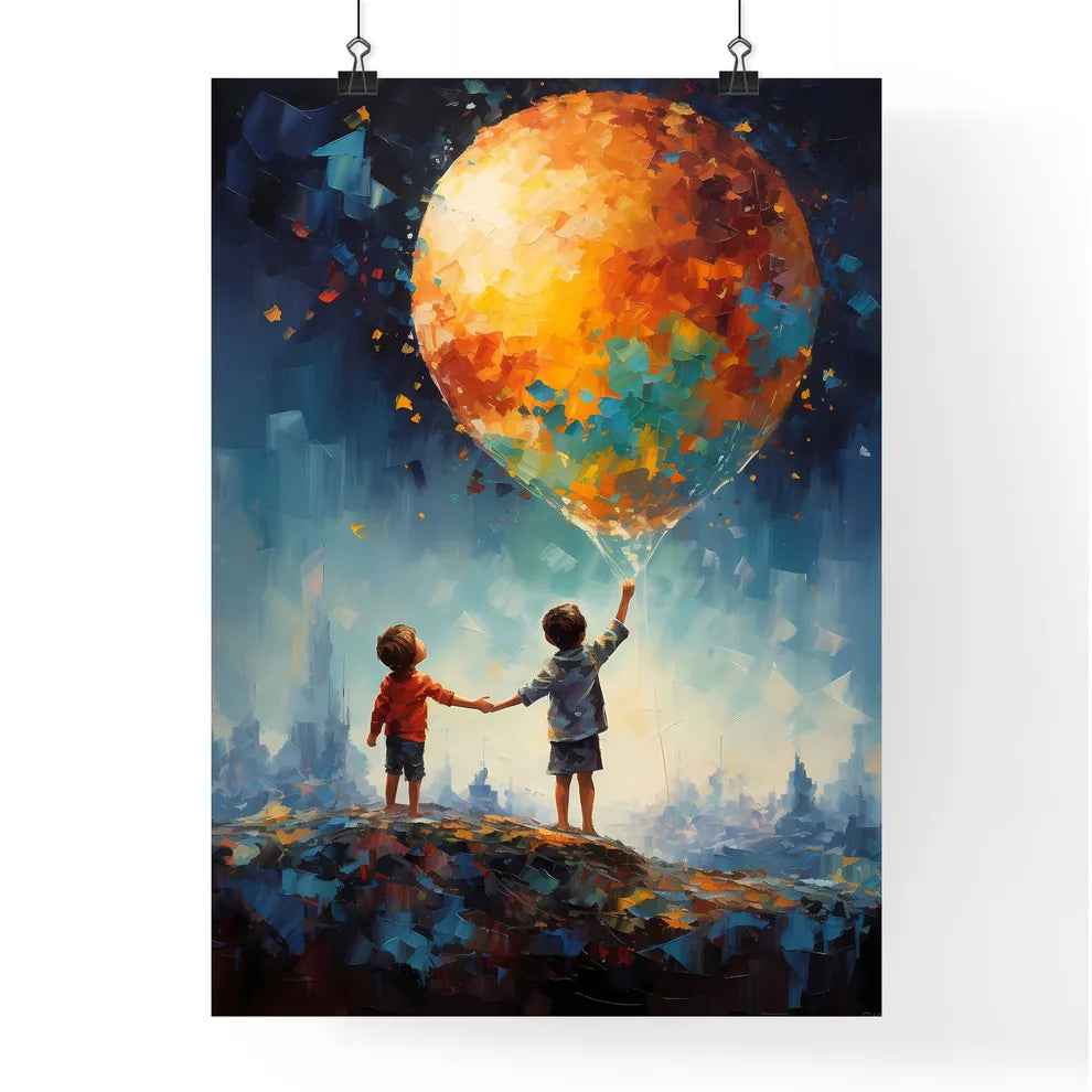 Two Children Holding Hands And Holding A Bal Poster
