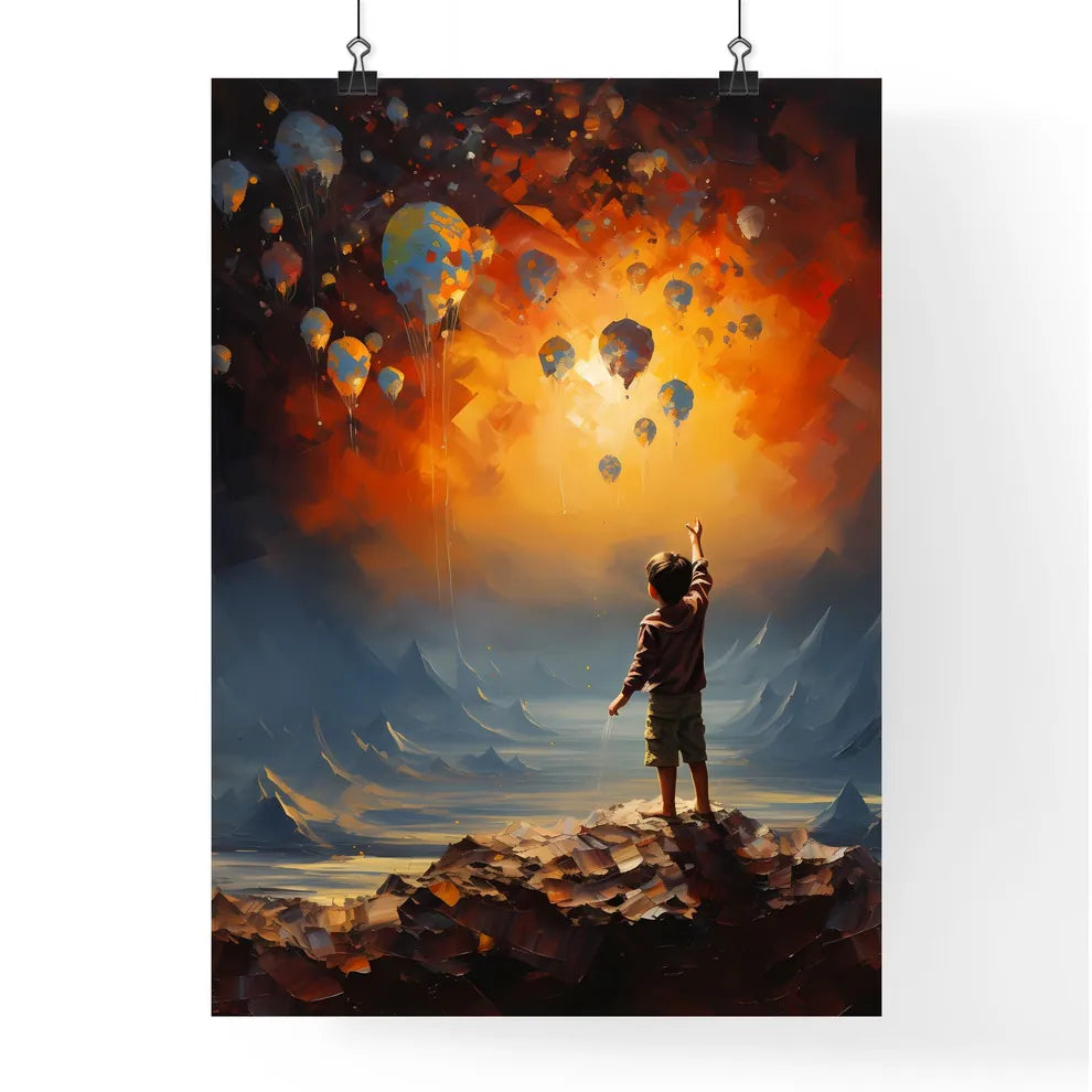 A Child Standing On A Mountain With Balloons Poster