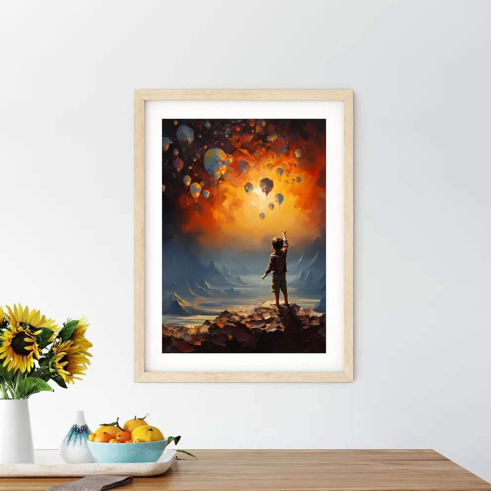 A Child Standing On A Mountain With Balloons - Kitchen Hangings
