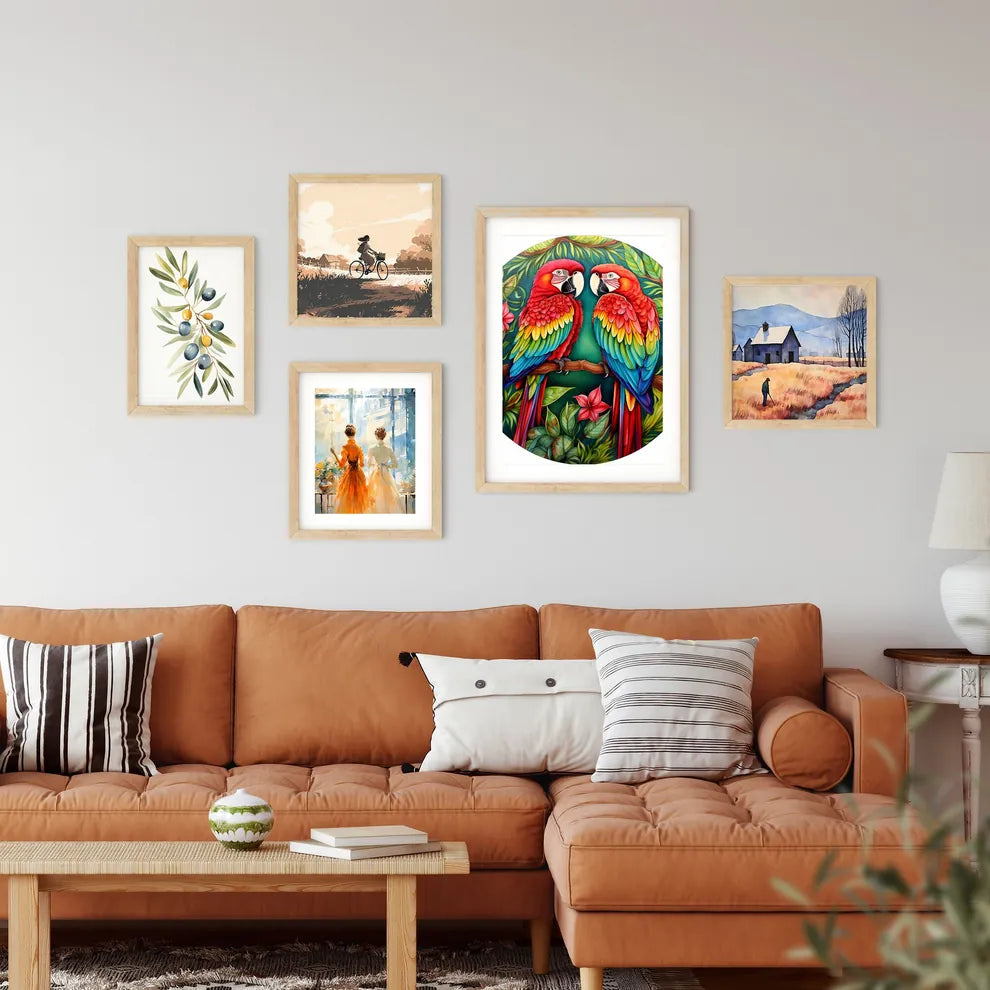 A Pair Of Colorful Parrots On Framed Print