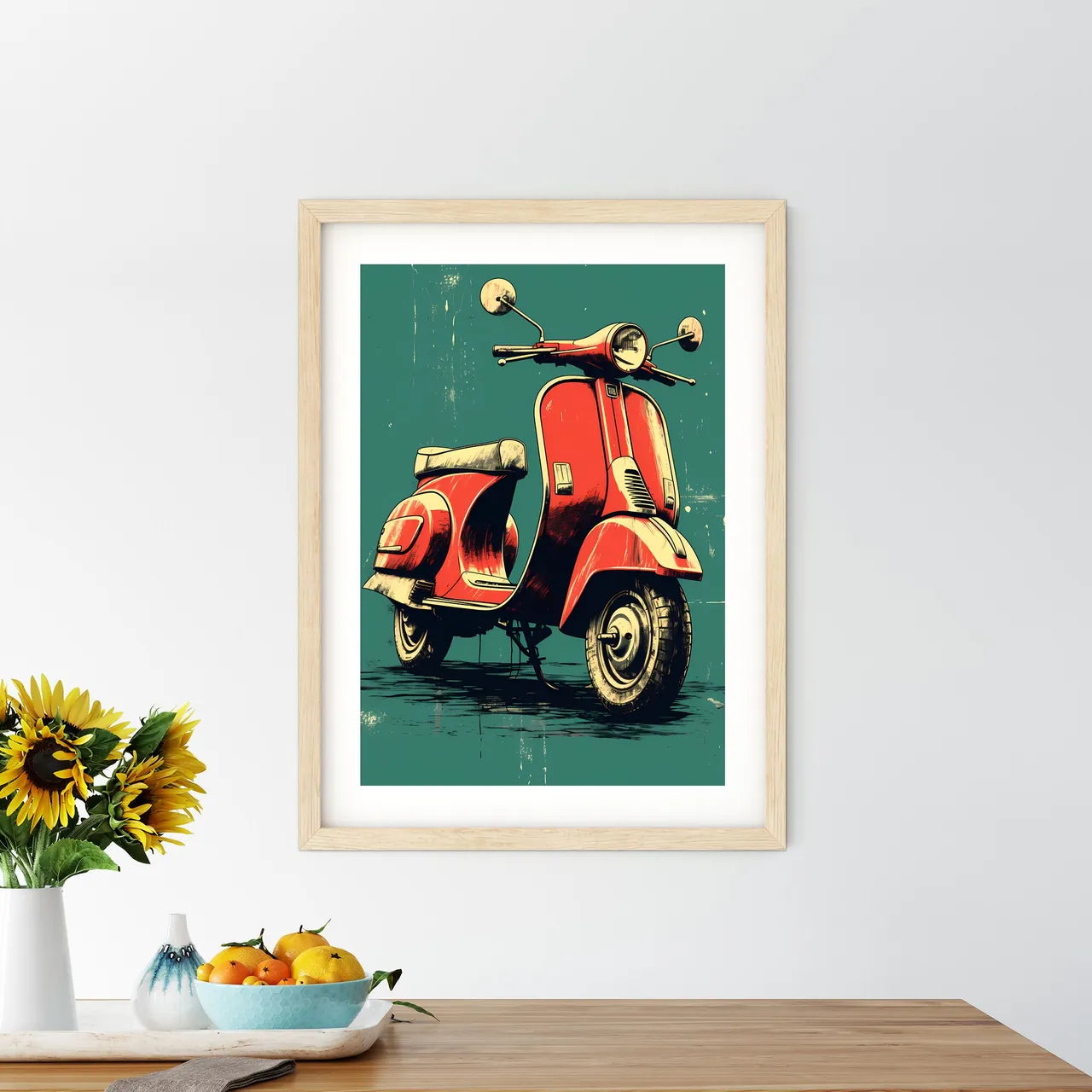 A Red Scooter On A Blue Background Art Prin - Kitchen Hangings