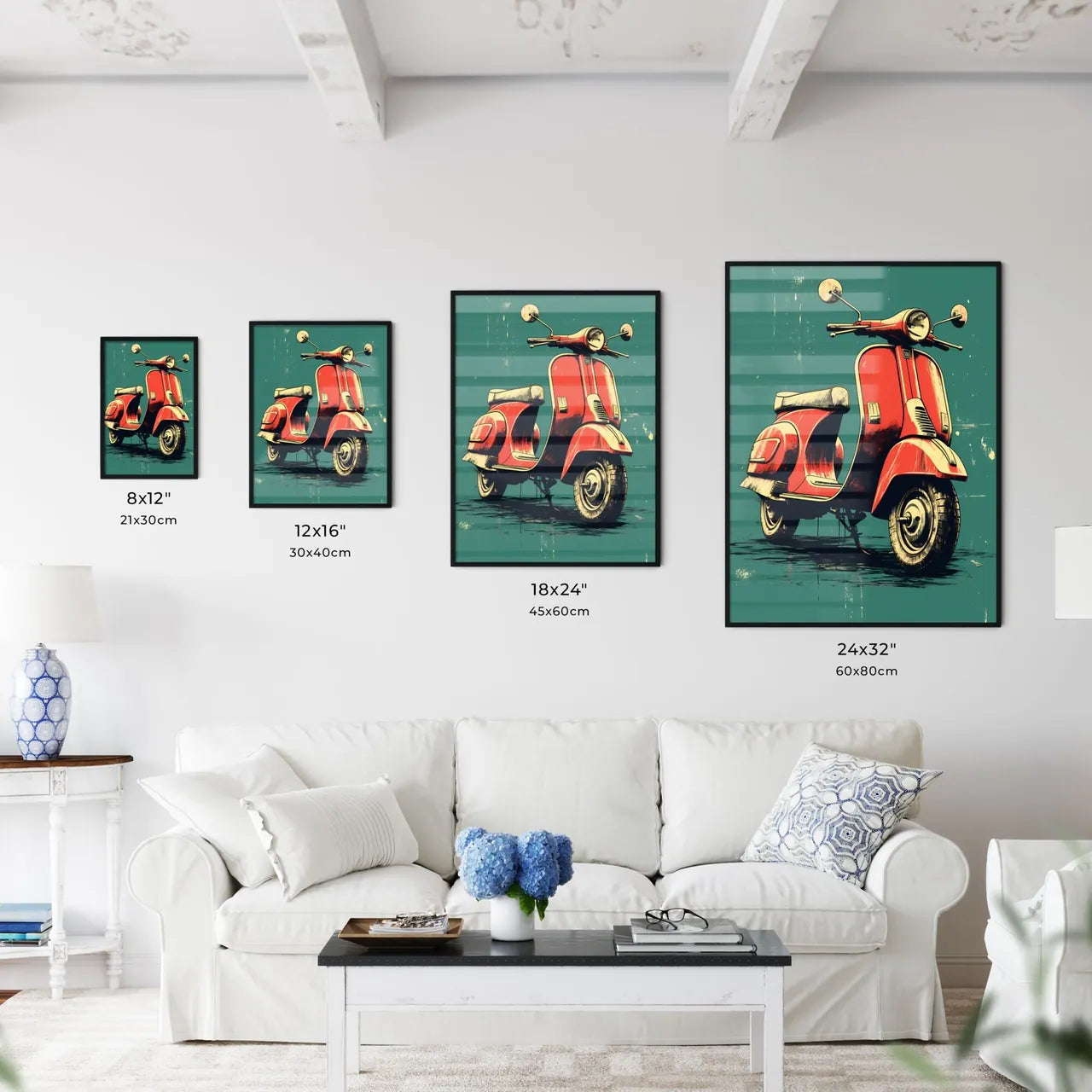A Red Scooter On A Blue Background Art Prin Wall Art