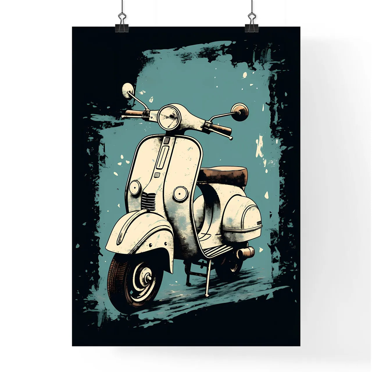 A White Scooter On A Blue Background Art Pri Poster