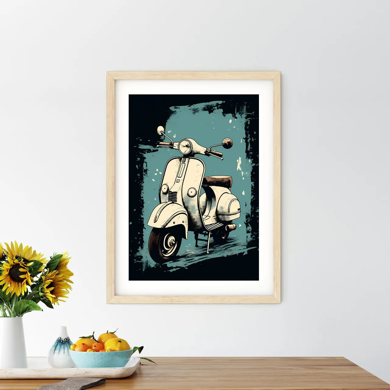 A White Scooter On A Blue Background Art Pri - Kitchen Hangings