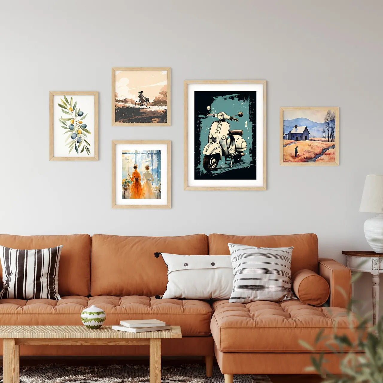 A White Scooter On A Blue Background Art Pri Framed Print