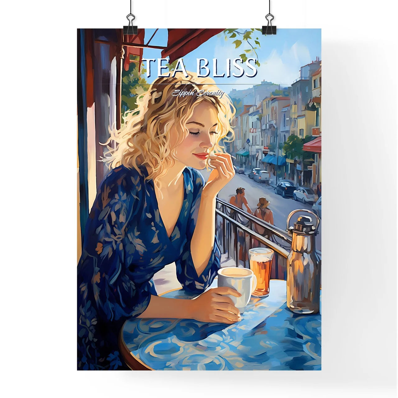 A Woman Sitting At A Table With A Cup Of Tea Poster