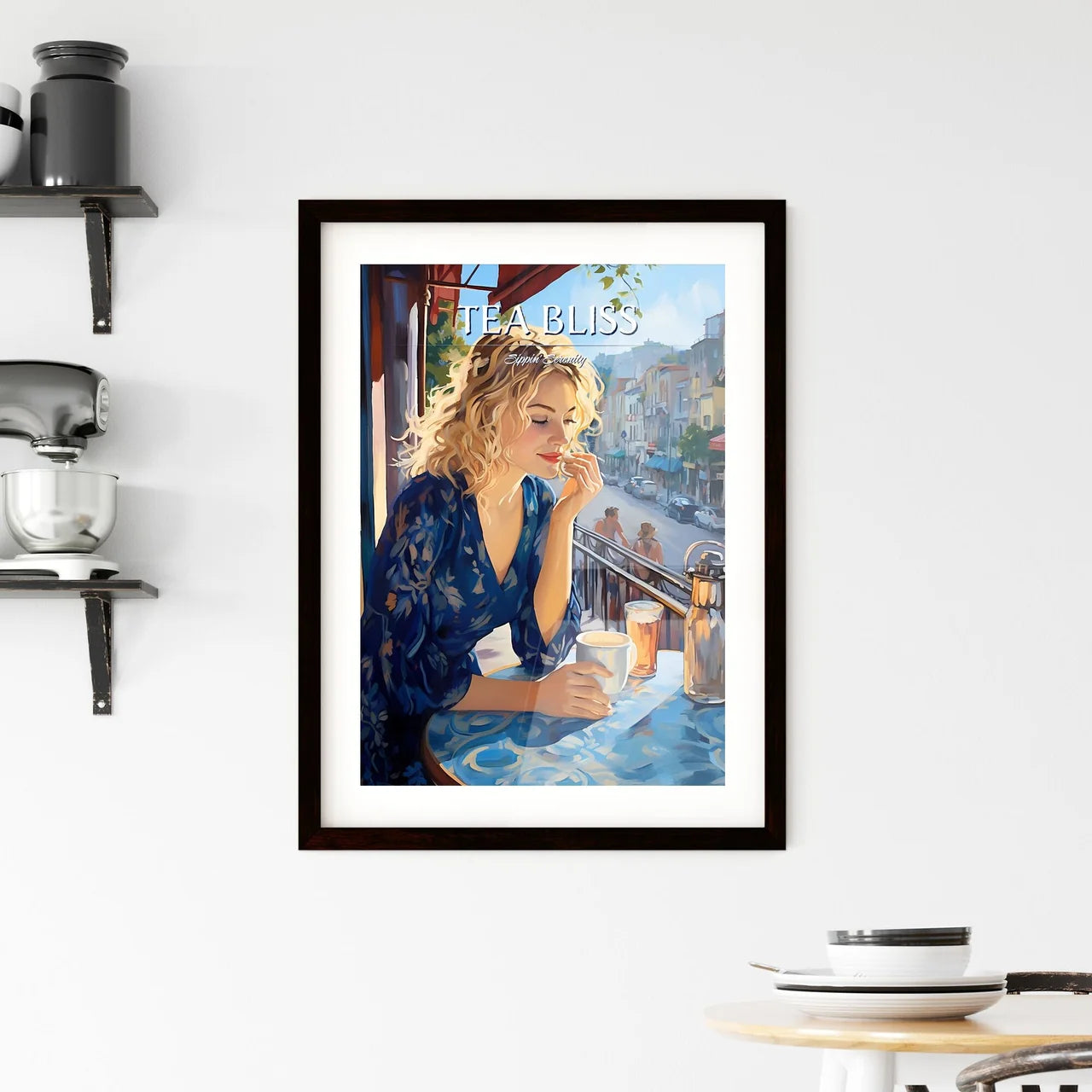 A Woman Sitting At A Table With A Cup Of Tea Framed Print