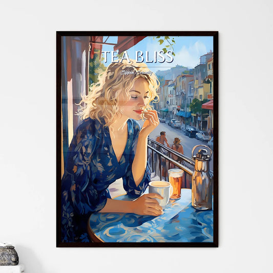 A Woman Sitting At A Table With A Cup Of Tea - Framed Art Print