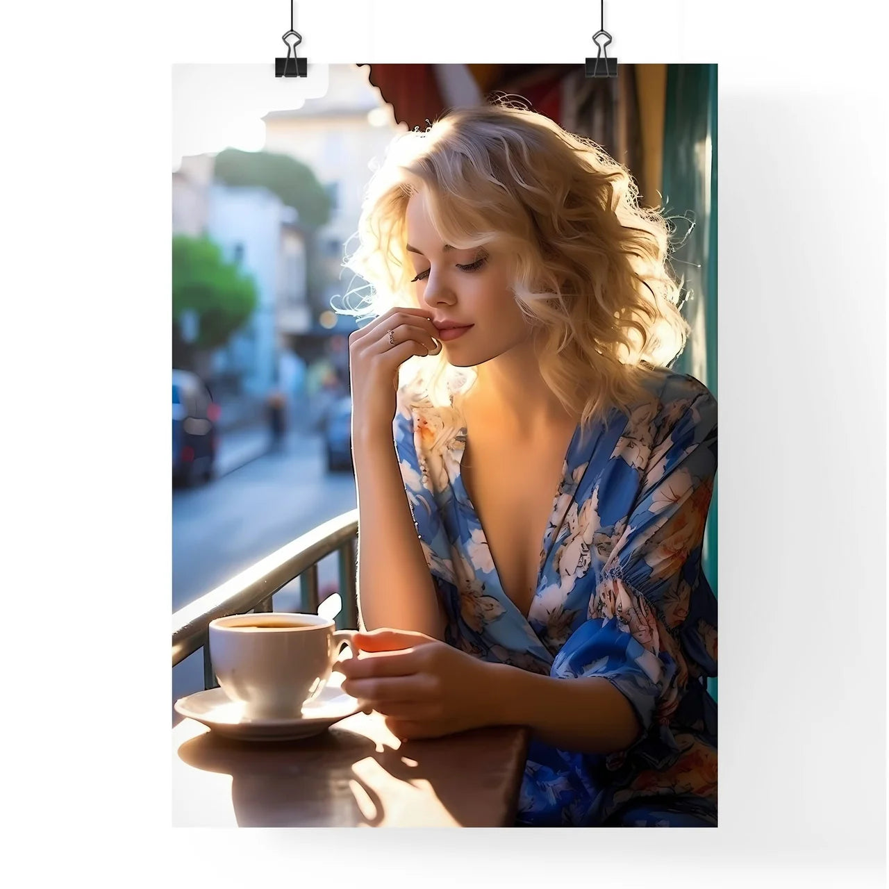 A Woman Sitting At A Table With A Cup Of Cof Poster