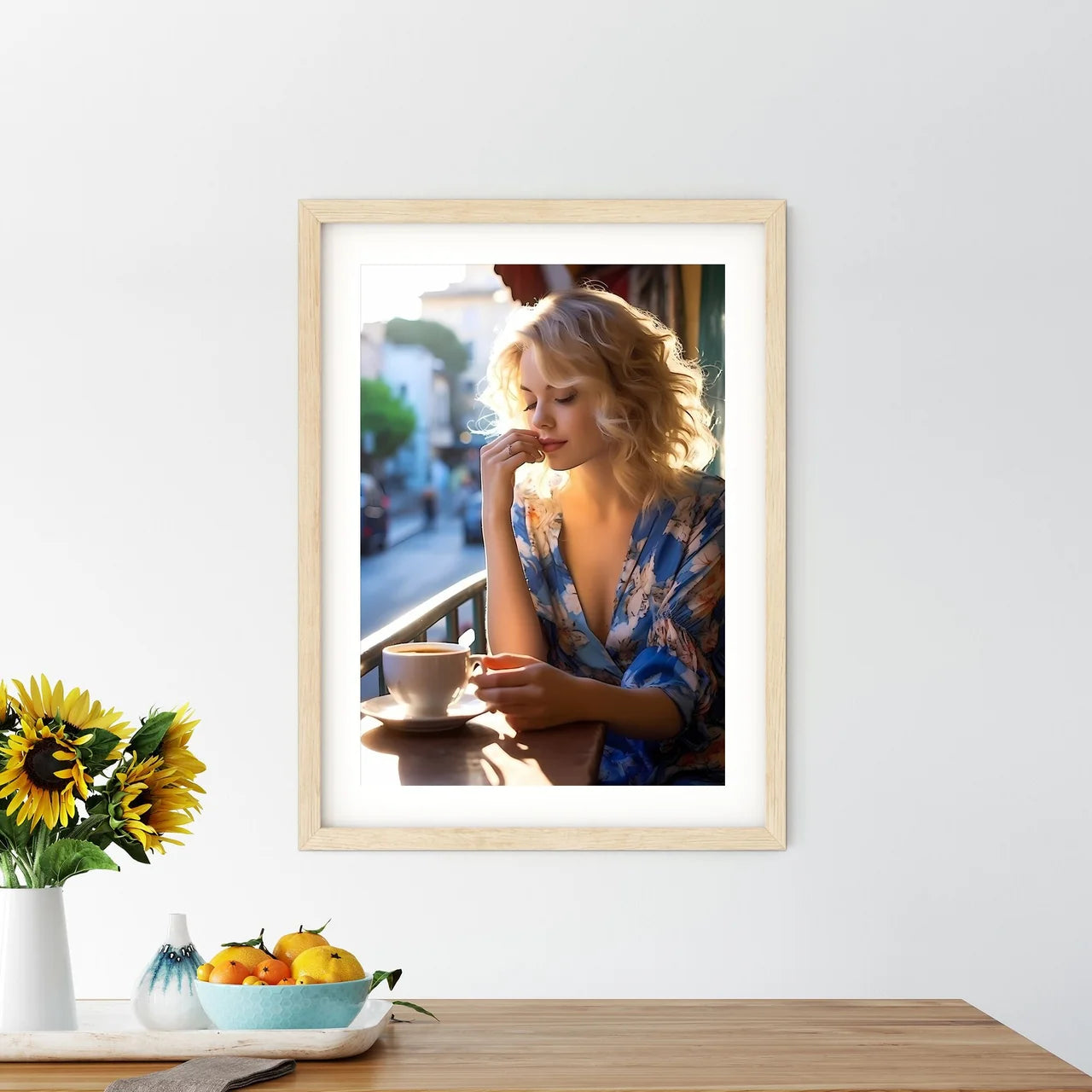 A Woman Sitting At A Table With A Cup Of Cof - Kitchen Hangings