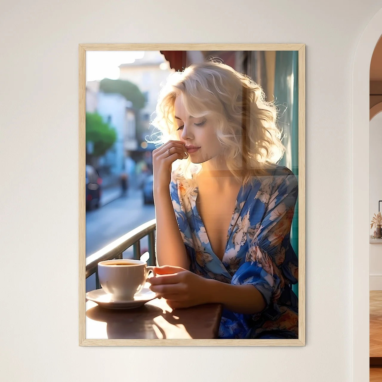 A Woman Sitting At A Table With A Cup Of Cof - Framed Art Print