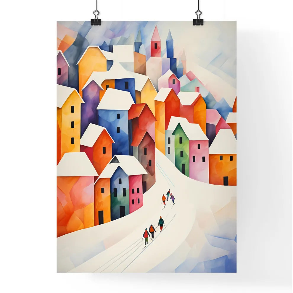 A Group Of People Walking Down A Snowy Street Art Print Poster