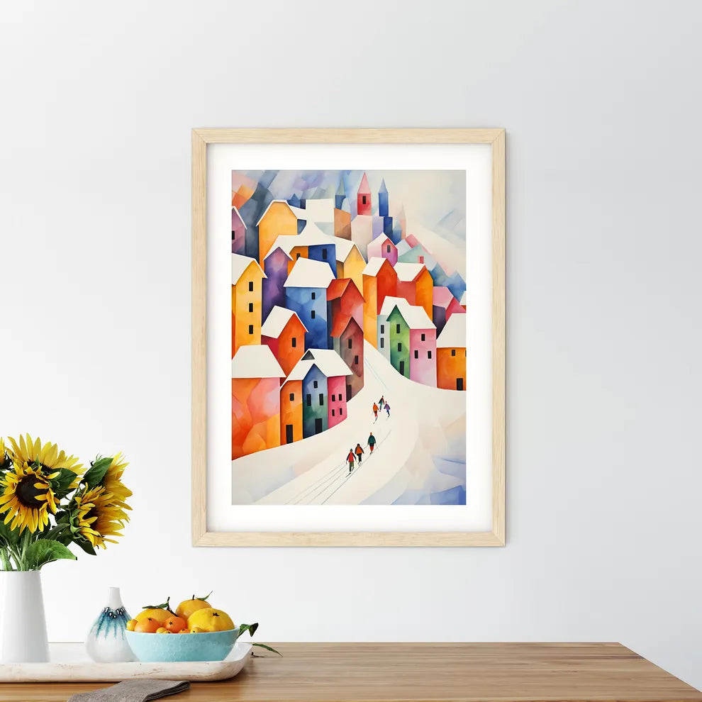 A Group Of People Walking Down A Snowy Street Art Print Size Chart