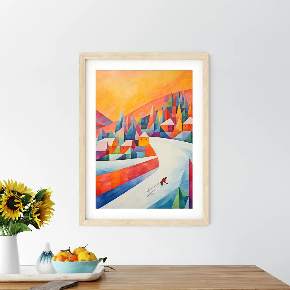 A Painting Of A Man Skiing Down A Road In A  - Kitchen Hangings