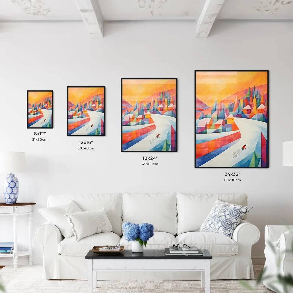 A Painting Of A Man Skiing Down A Road In A  Wall Art