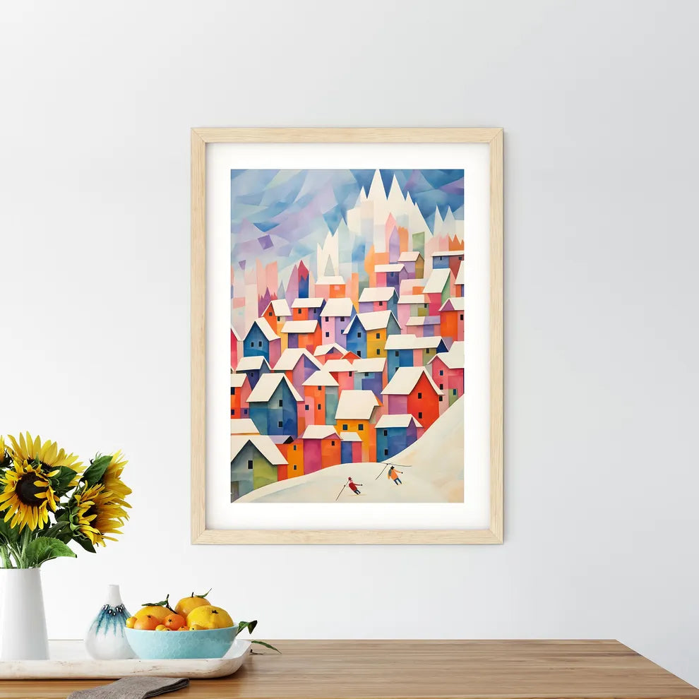 A Painting Of A Group Of Colorful Houses With Snow Art Print Size Chart