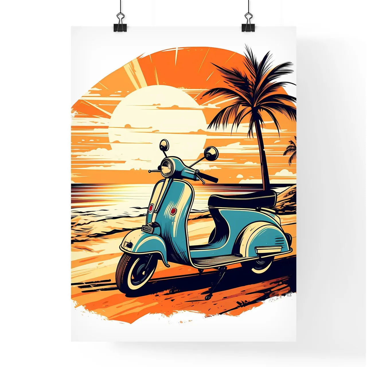 A Scooter On A Beach Art Prin Poster