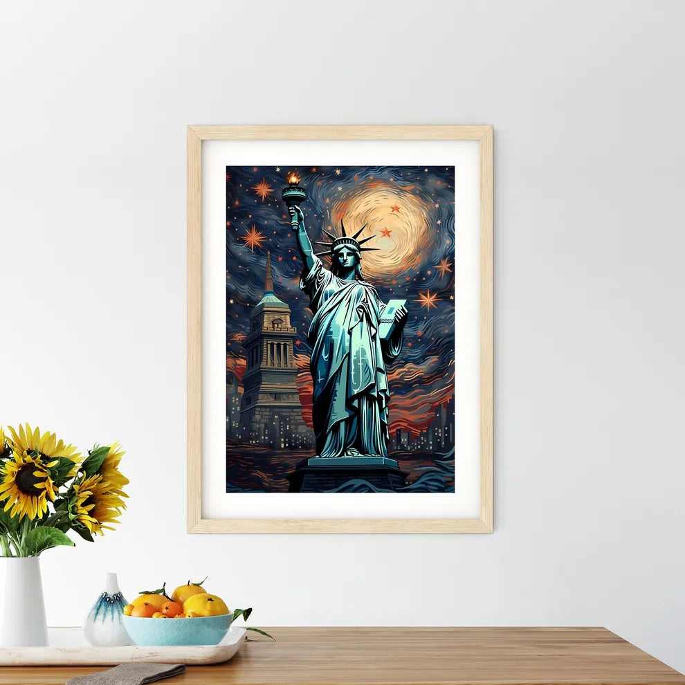 A Statue Of Liberty With A Starry Sky Art Print Size Chart
