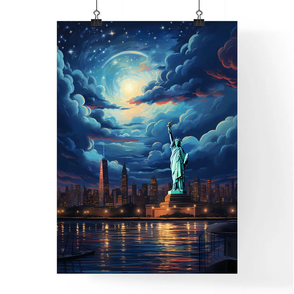 A Statue Of Liberty In Front Of A City Art Print Poster