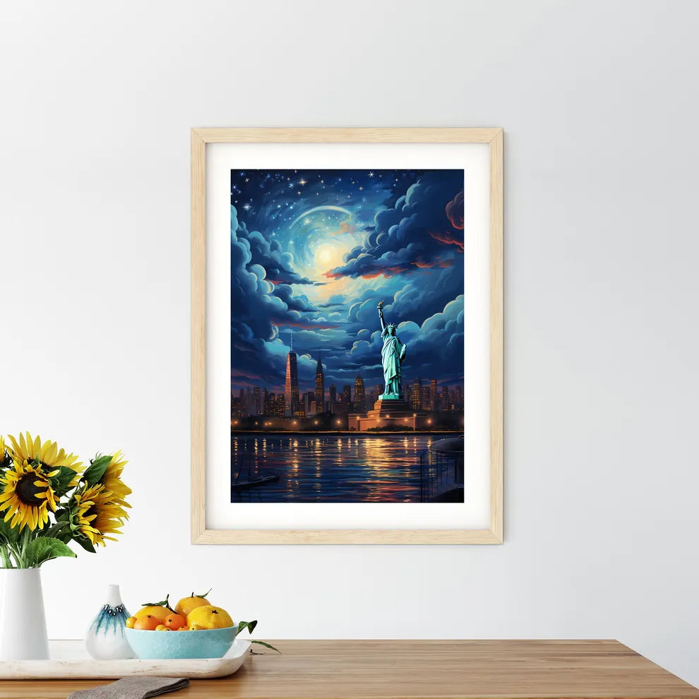 A Statue Of Liberty In Front Of A City Art Print Size Chart