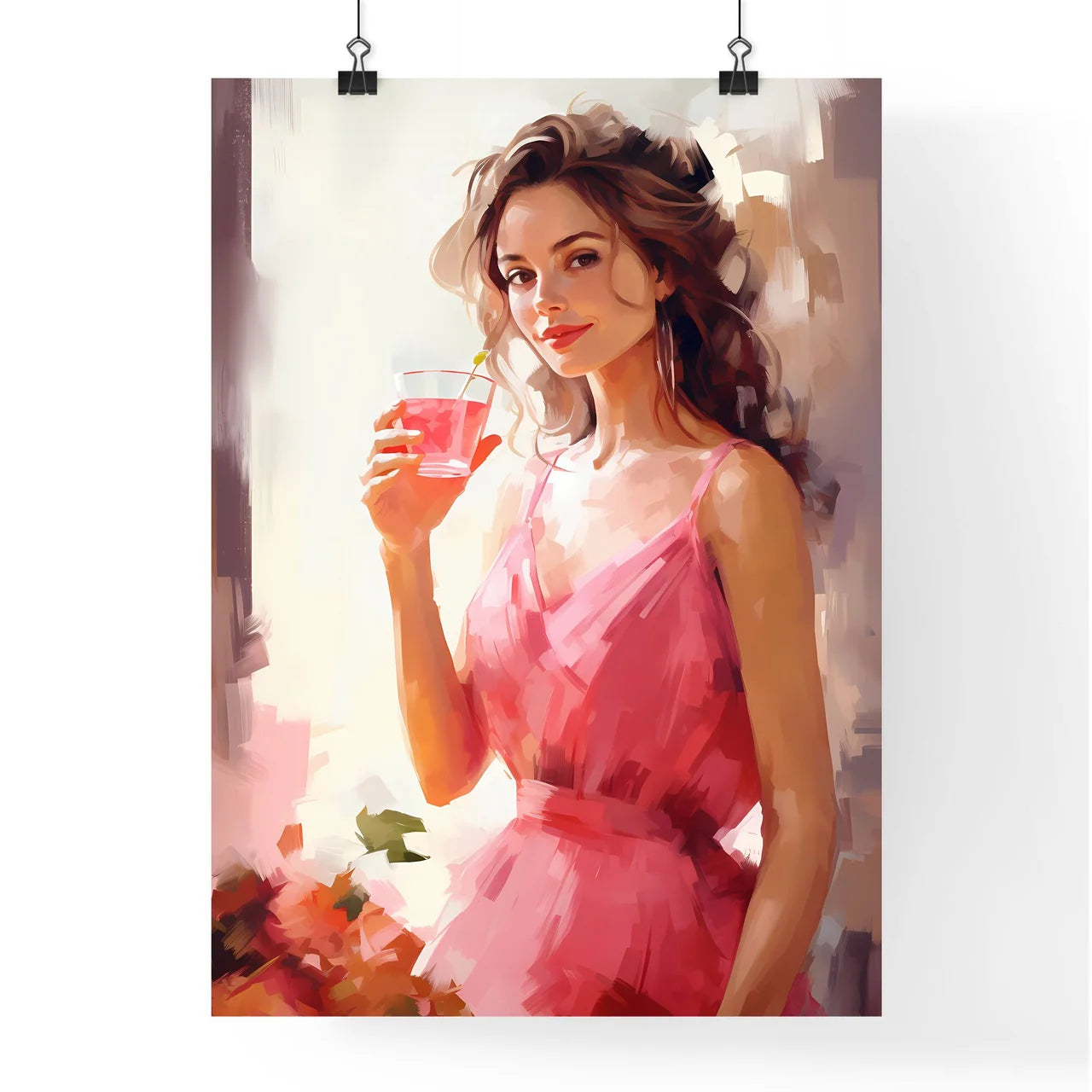 A Woman In A Pink Dress Holding A Drink Art  Poster