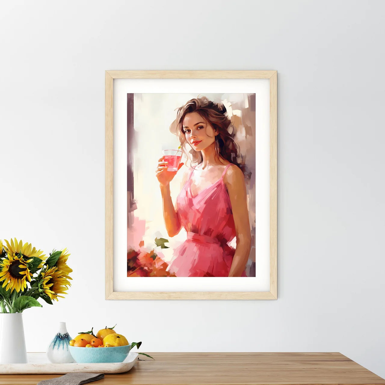 A Woman In A Pink Dress Holding A Drink Art  - Kitchen Hangings
