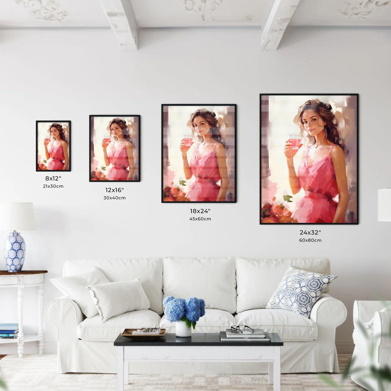 A Woman In A Pink Dress Holding A Drink Art  Wall Art