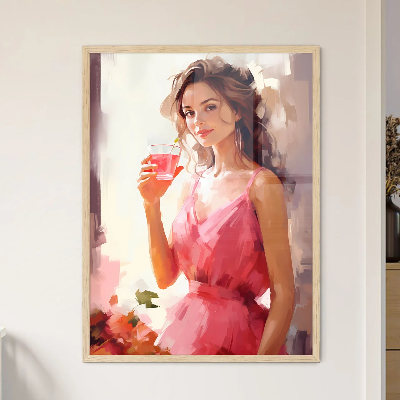 A Woman In A Pink Dress Holding A Drink Art  - Framed Art Print