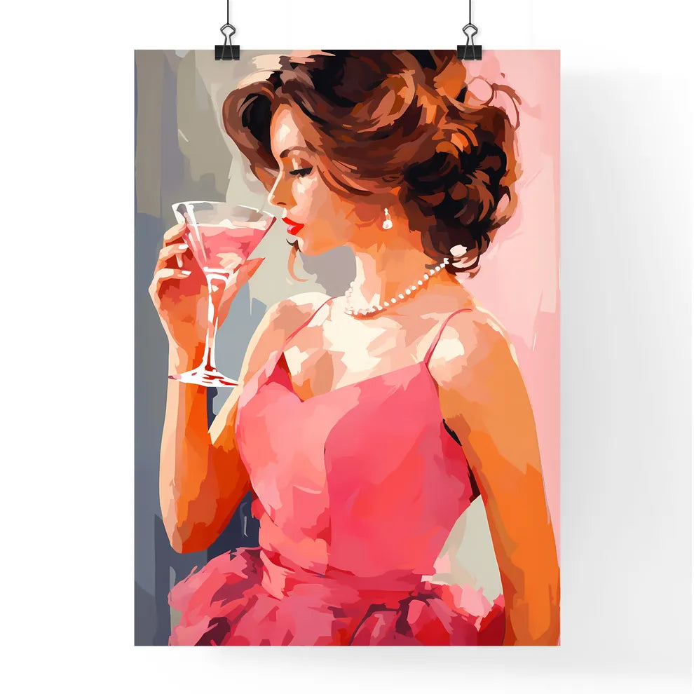 A Woman In A Pink Dress Holding A Glass Of P Poster
