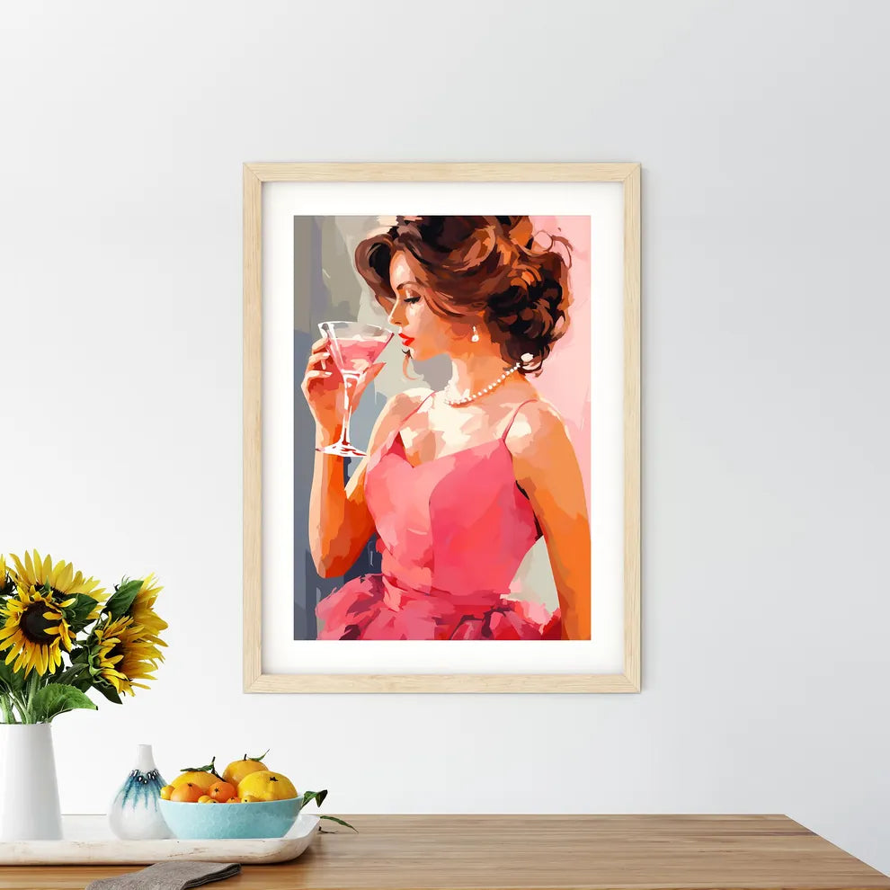 A Woman In A Pink Dress Holding A Glass Of P - Kitchen Hangings