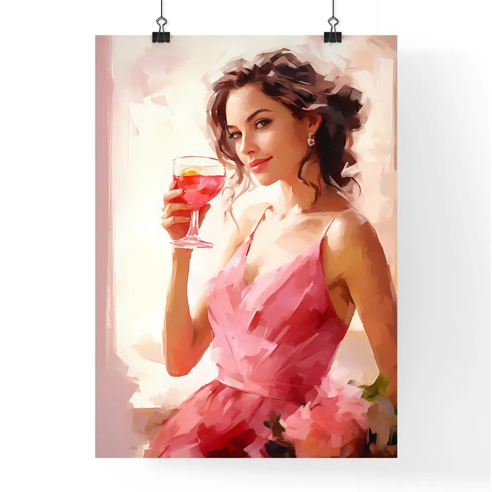 A Woman In A Pink Dress Holding A Glass Of W Poster