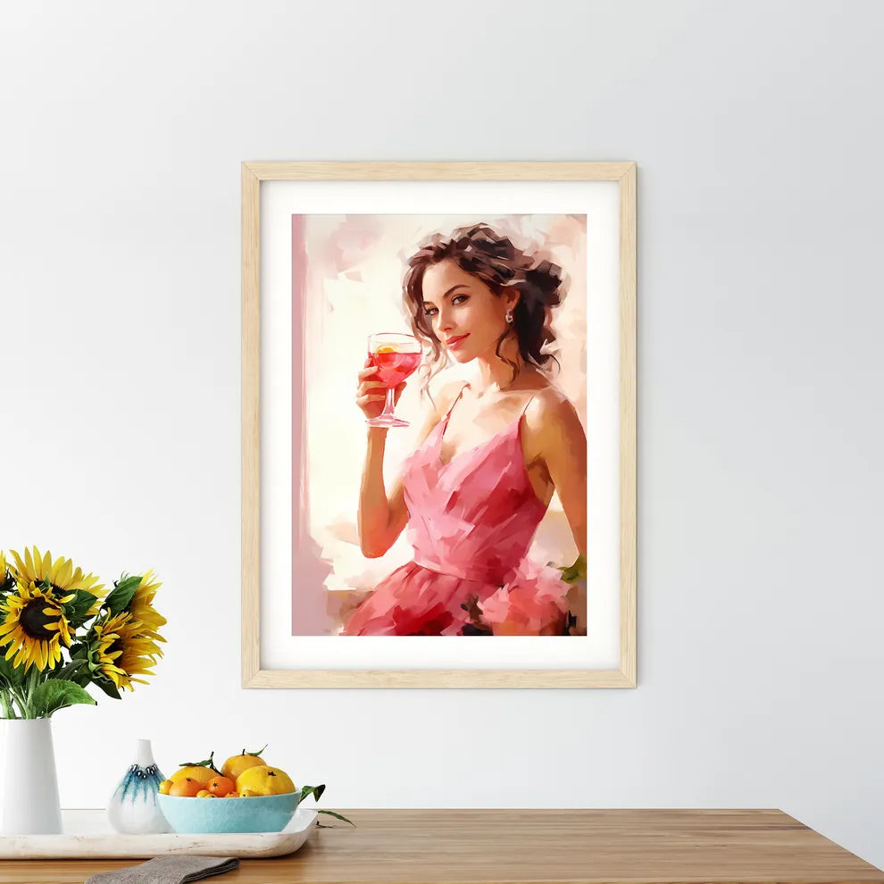 A Woman In A Pink Dress Holding A Glass Of W - Kitchen Hangings