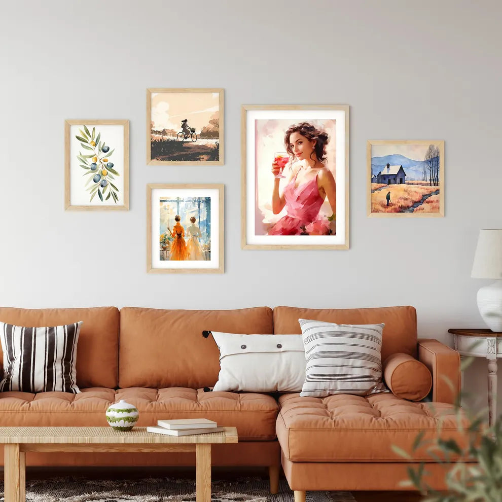 A Woman In A Pink Dress Holding A Glass Of W Framed Print