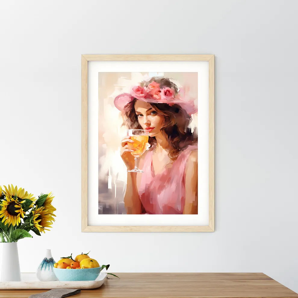 A Woman Wearing A Hat And Holding A Glass Of - Kitchen Hangings