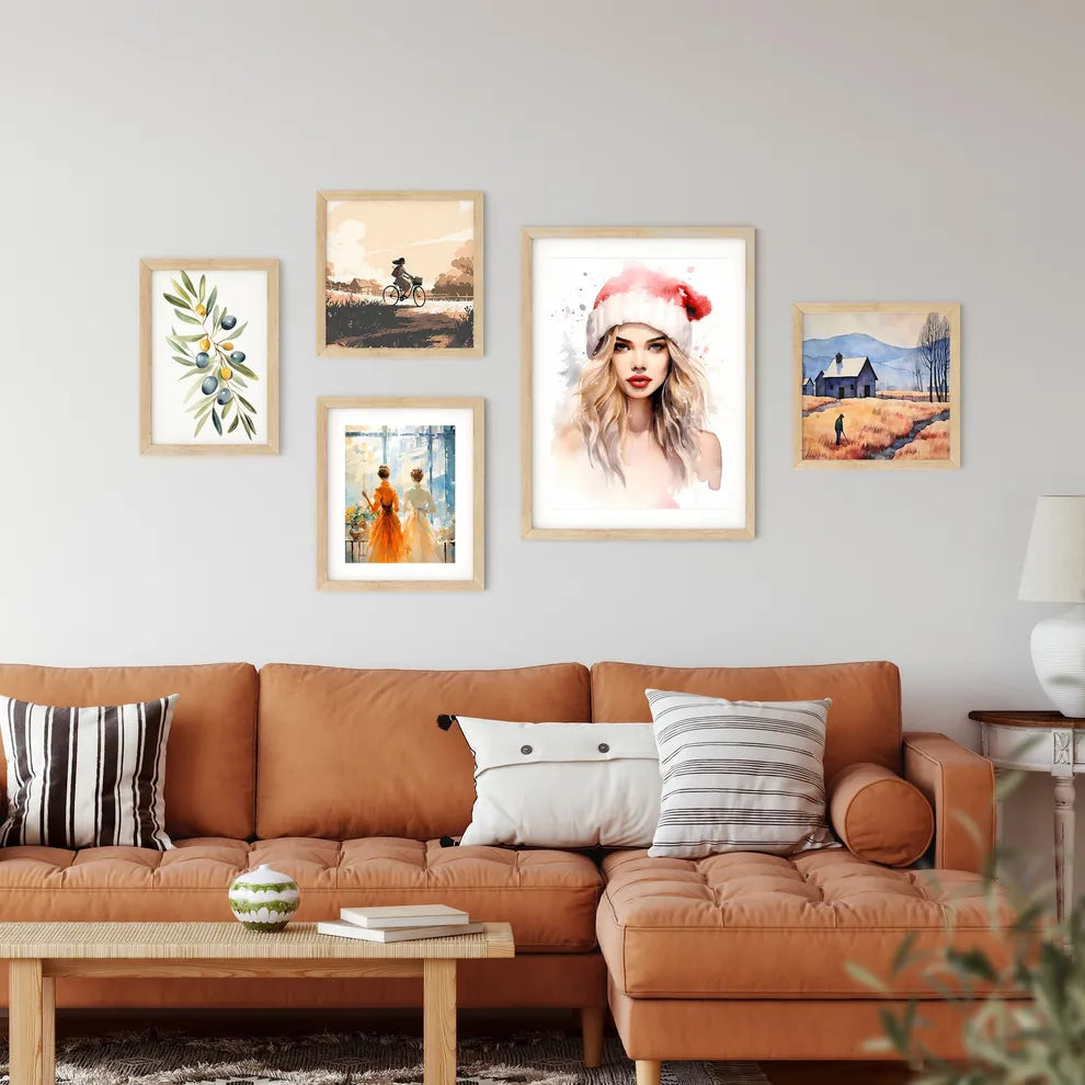 Watercolor Of A Woman Wearing A Santa Hat Ar Framed Print