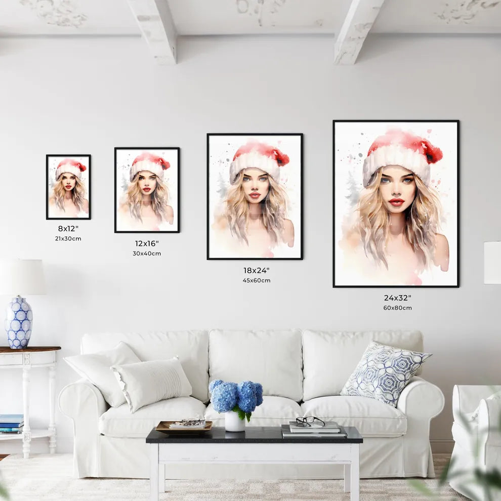 Watercolor Of A Woman Wearing A Santa Hat Ar Wall Art