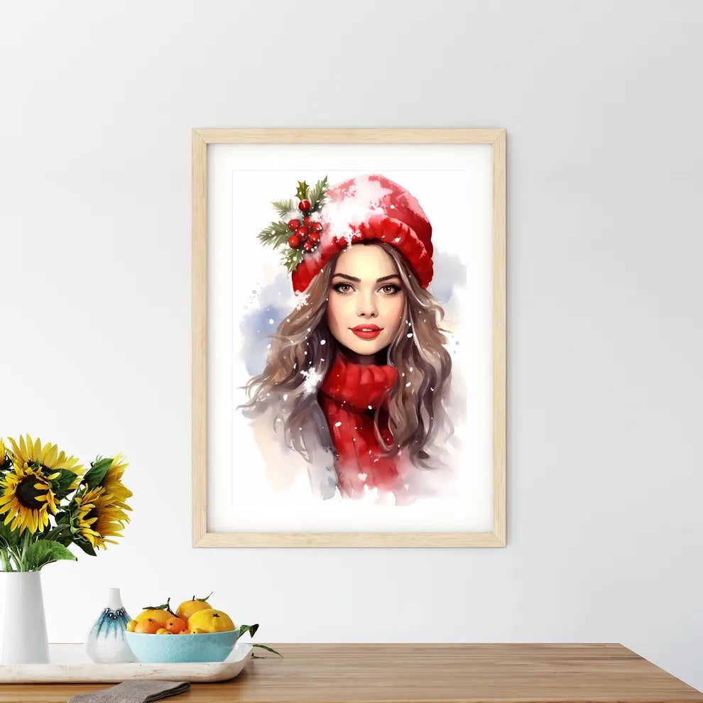 Woman Wearing A Red Hat And Scarf Art Prin - Kitchen Hangings