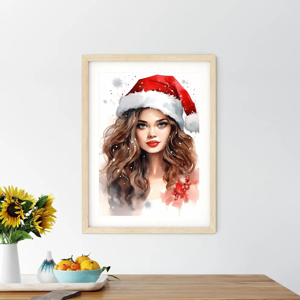 Woman Wearing A Santa Hat Art Prin - Kitchen Hangings