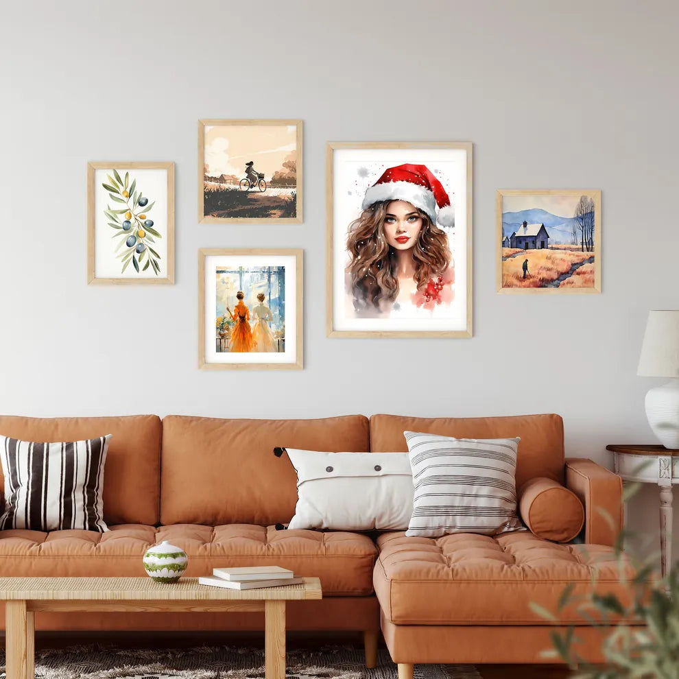 Woman Wearing A Santa Hat Art Prin Framed Print